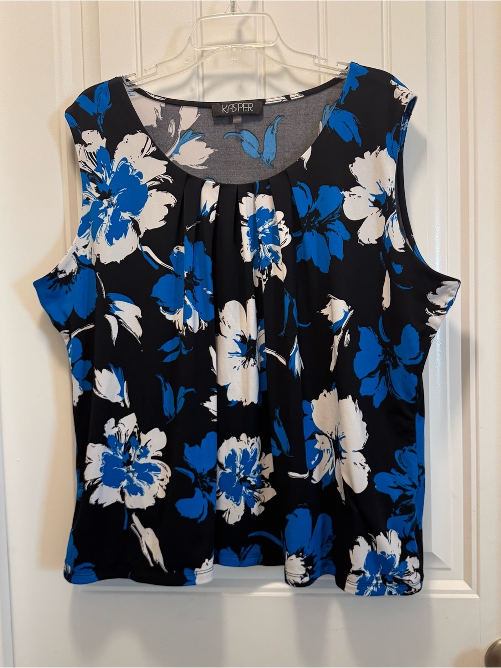 Kasper Sleeveless Blouse Blue Black White Floral Career Office Summer Size 3X